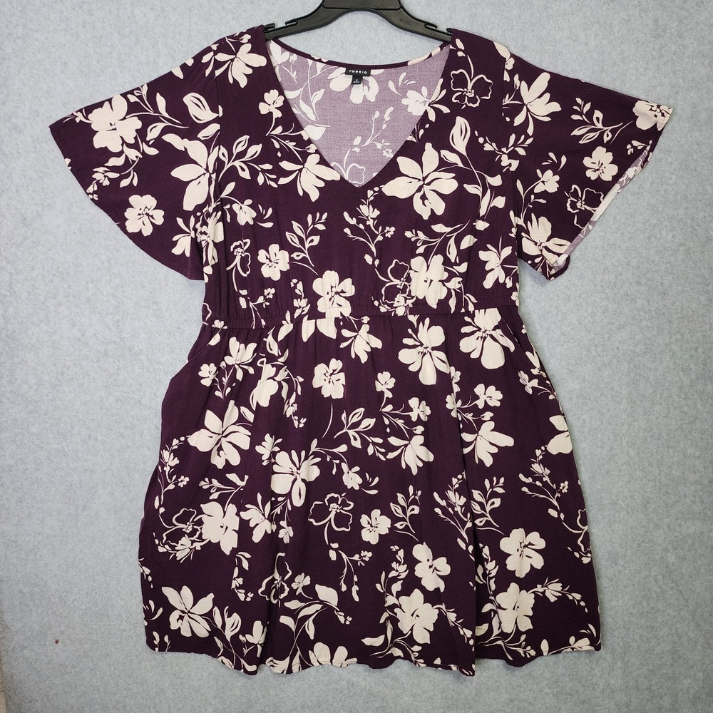 Torrid Floral Mini Dress Womens 2 Purple Flutter Sleeve Empire Waist Boho Casual